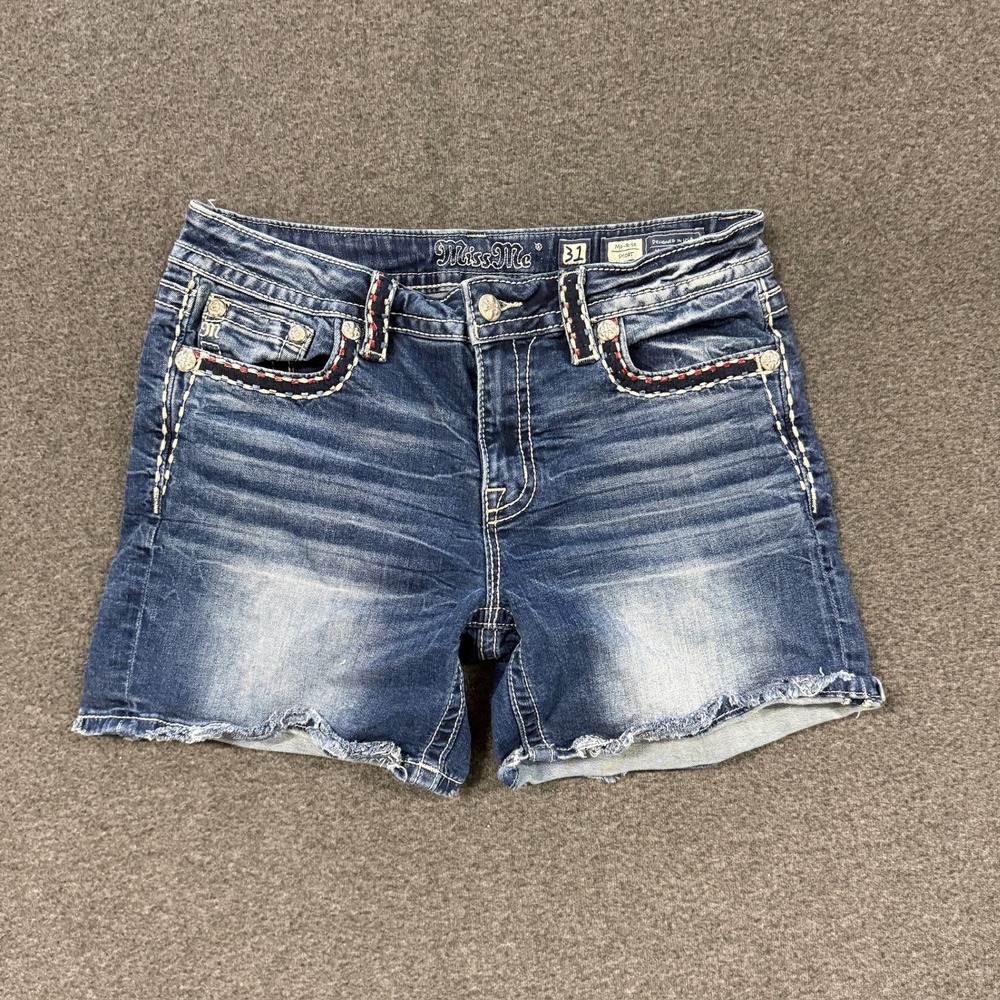 Miss Me Denim Shorts Women 31 Blue Good Embroidered Flap Pocket Mid Rise